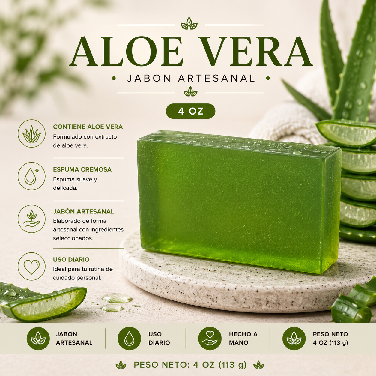 Jabón Artesanal de Glicerina Aloe Vera (Sabila) 4 oz (113 g)