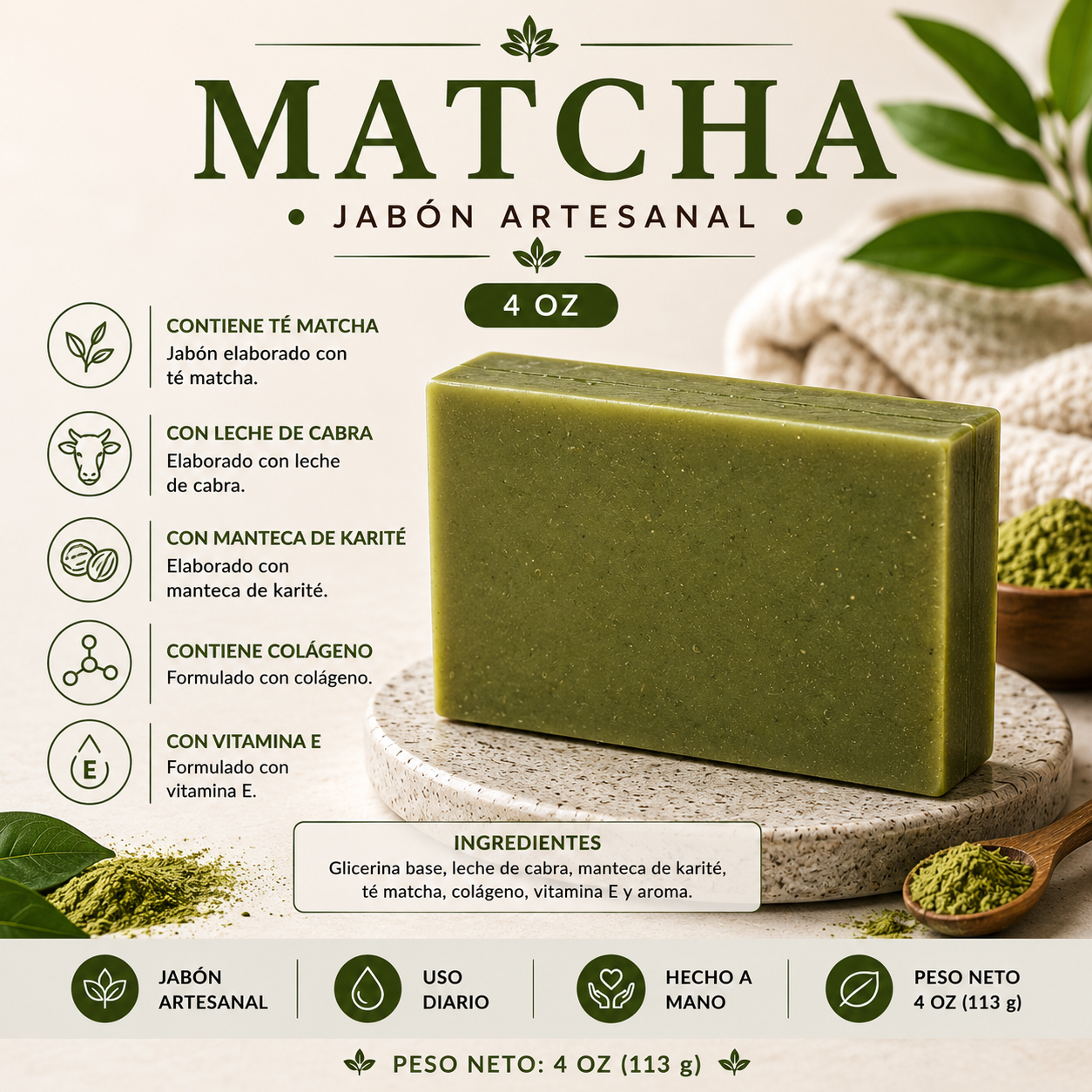 Jabón Artesanal de Glicerina Con Té Matcha 4 oz (113 g)