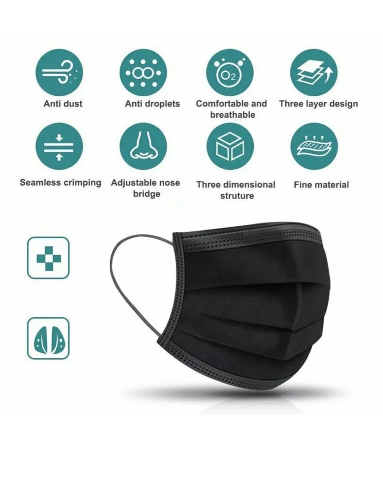 Disposable 3 Layer Mouth/Nose Protective Mask With Ear Loops (Black) 10 PCS