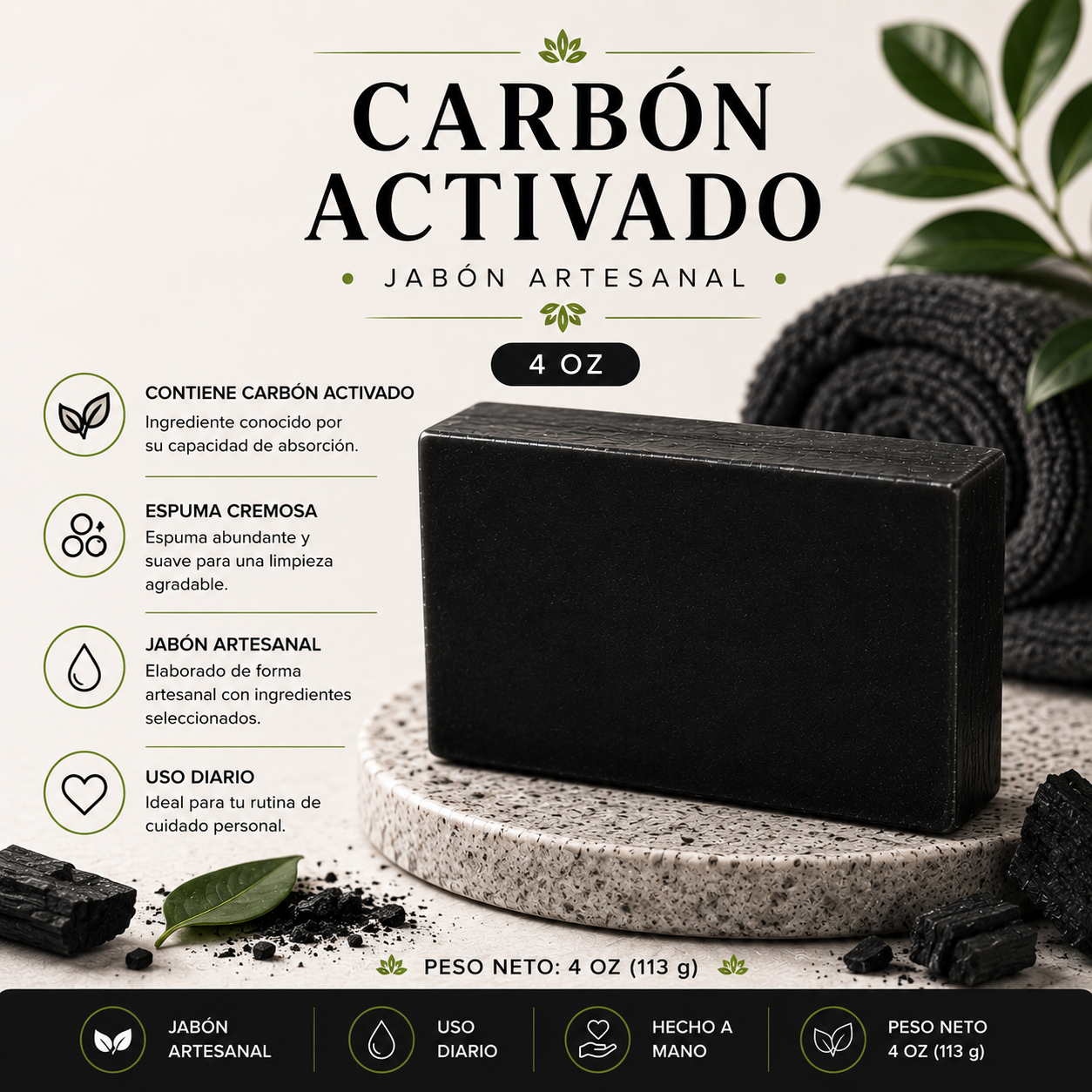Jabón Artesanal de Glicerina Carbón Activado 4 oz (113 g)