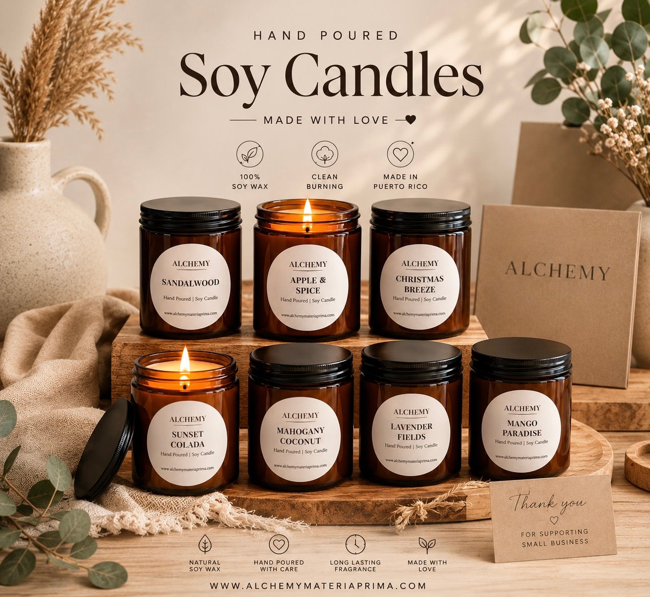 Velas Aromaticas de Soja (Soy Candles) 8 oz.
