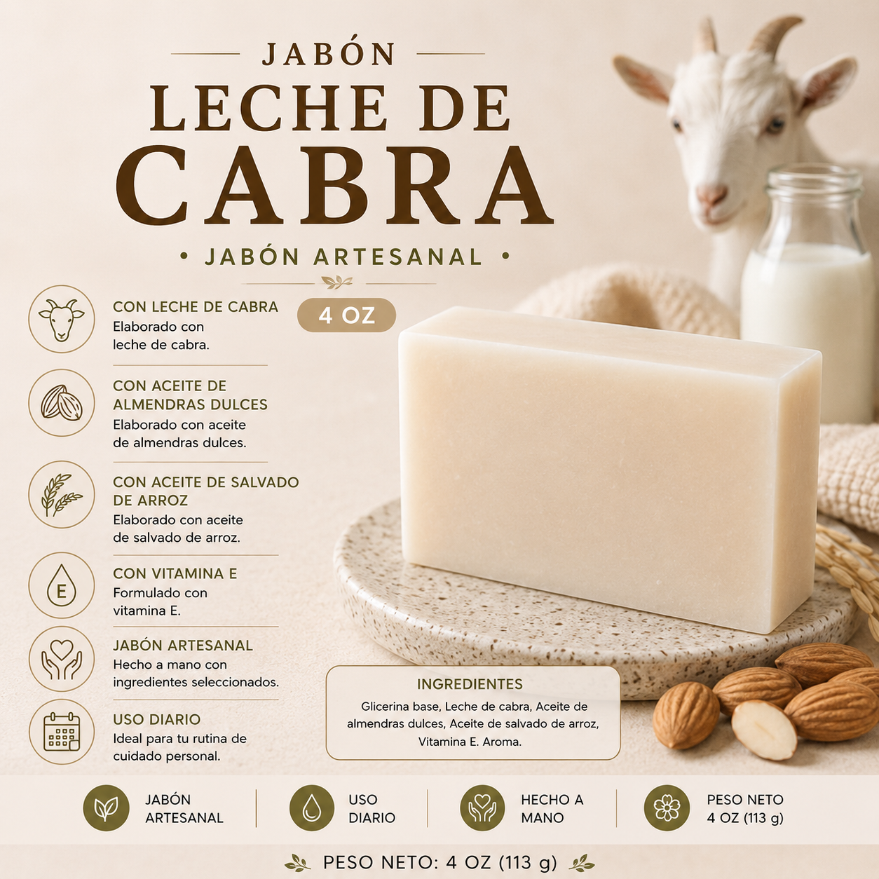 Jabón artesanal de glicerina Leche de Cabra 4 oz (113 g)