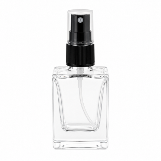 Square Glass Spray bottle,(30 ml Clear/Black) Refillable Container