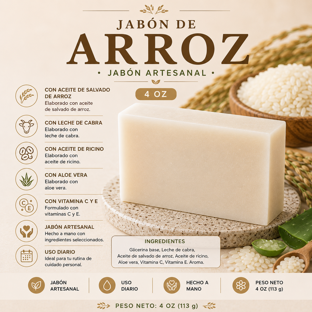 Jabón Artesanal de glicerina Arroz 4 oz (113 g)