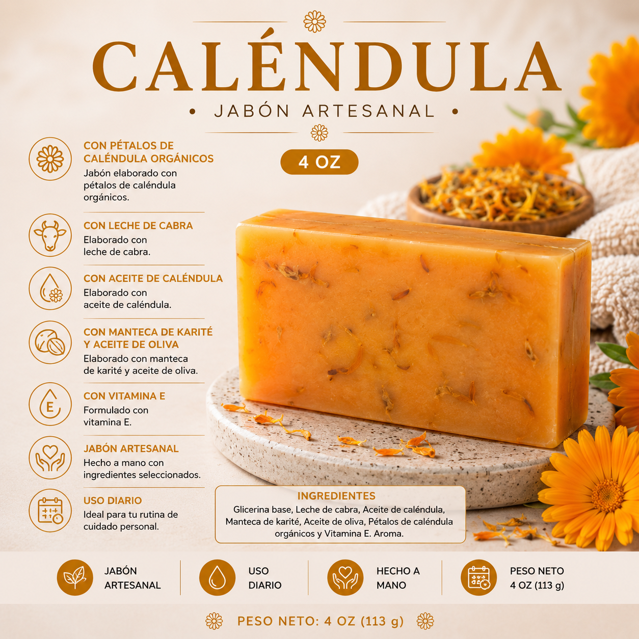 Jabón Artesanal de glicerina Calendula 4 oz (113 g)