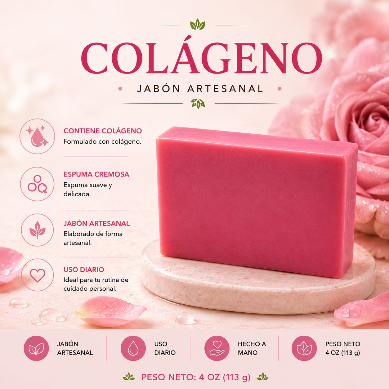 Jabón Artesanal de Glicerina Con Colágeno 4 oz (113 g)