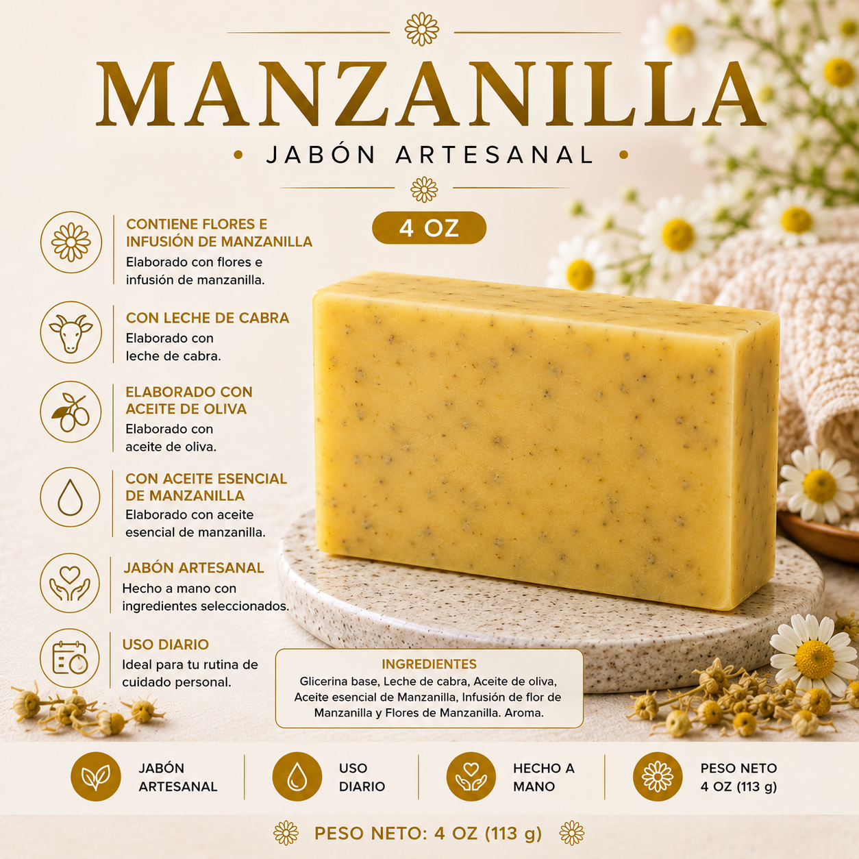 Jabón Artesanal de Glicerina  Manzanilla 4 oz (113 g)