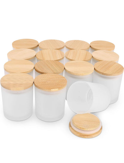 FROSTED ROUND GLASS JAR WITH AIRTIGHT BAMBOO LID 12 OZ