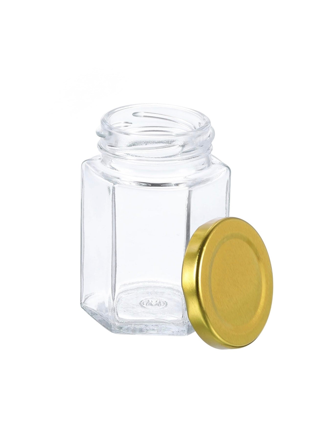 Hexagon Jar Glass 3.5 oz Gold Lid